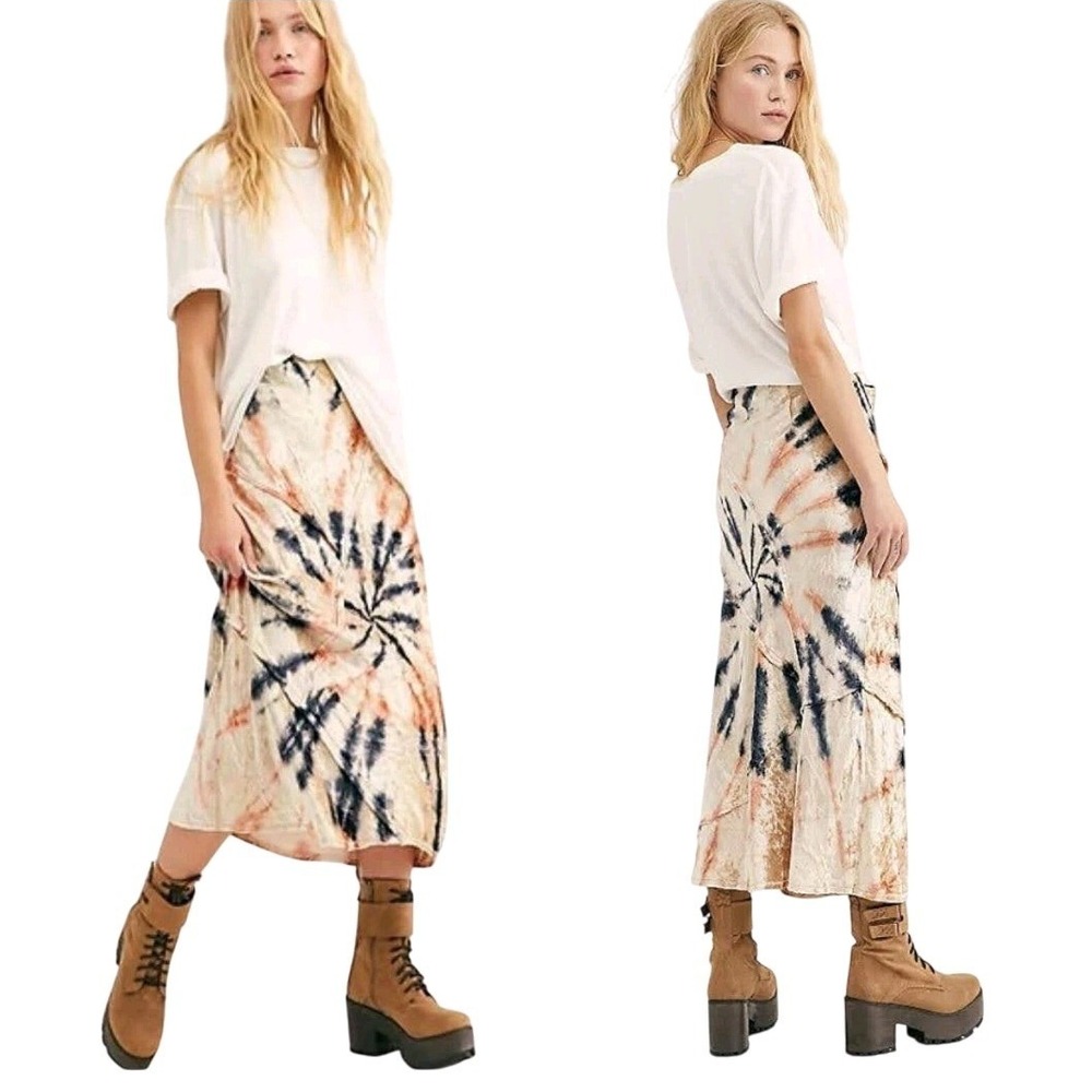 Free People Boho Indie Tie Dye Velvet Midi Skirt Size S Bali Serious Swagger